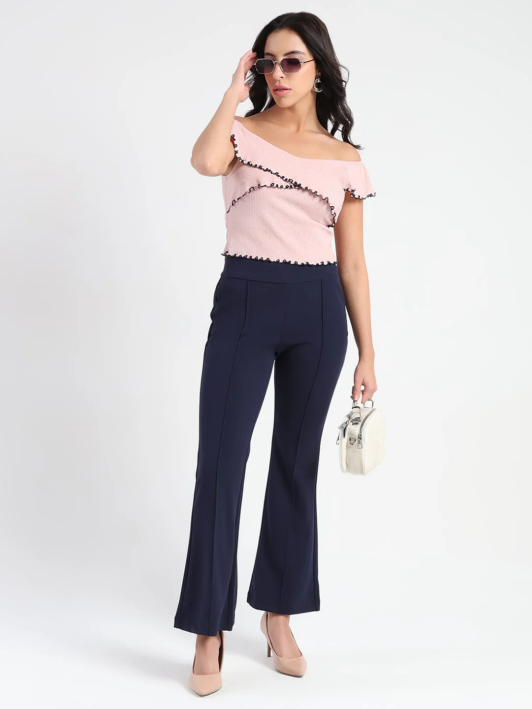 Madame Side Zipper Flared Navy Blue Knitted Moss Trousers - Image 2