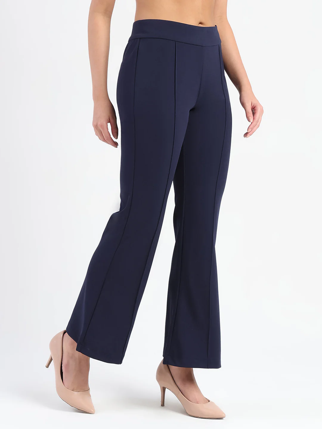 Madame Side Zipper Flared Navy Blue Knitted Moss Trousers - Image 3