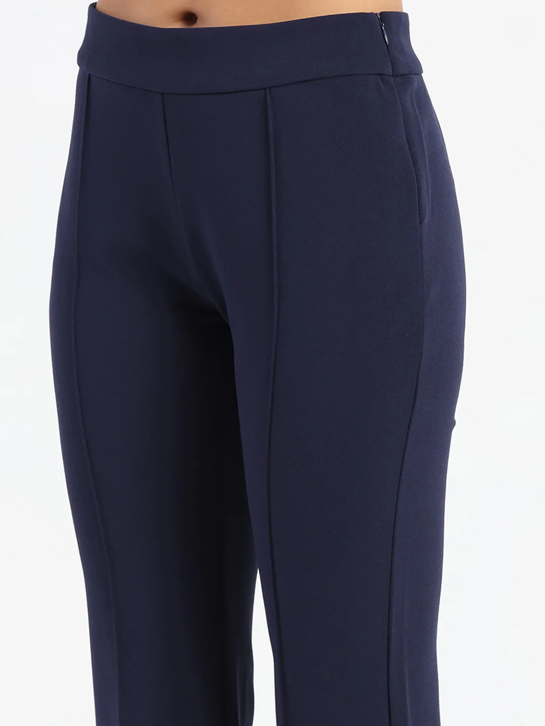 Madame Side Zipper Flared Navy Blue Knitted Moss Trousers - Image 6
