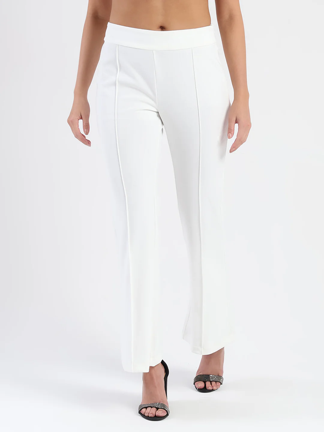 Madame Side Zipper Flared White Knitted Moss Trousers