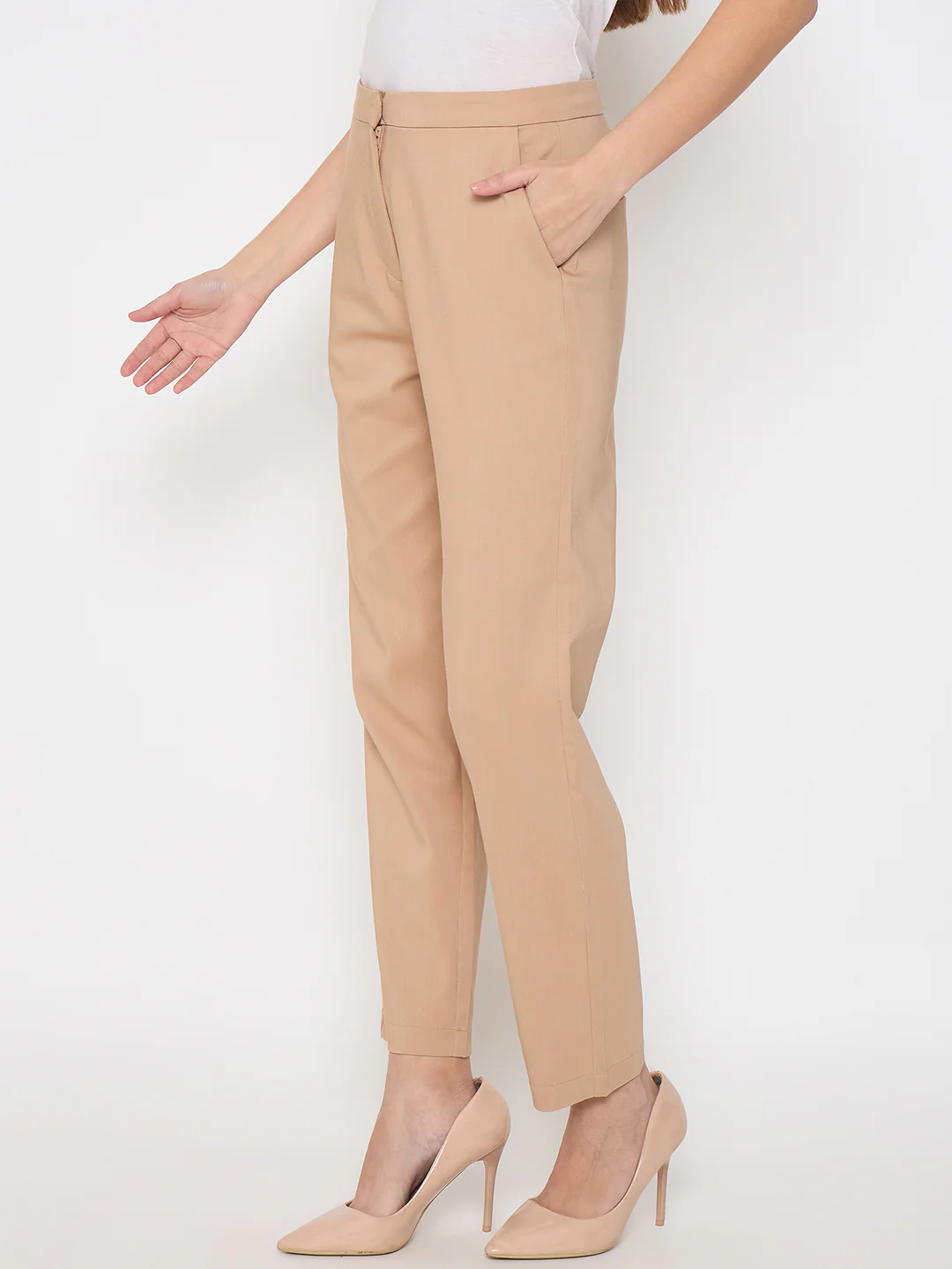 Madame Alex Waist Belt Detail Solid Beige Trousers - Image 5