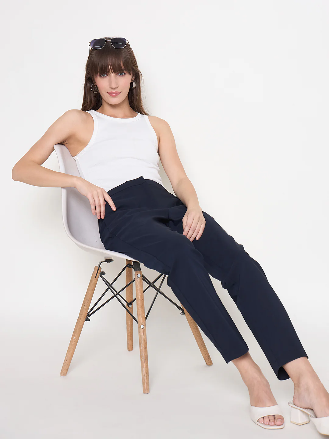 Madame Alex Waist Belt Detail Solid Navy Blue Trousers - Image 2