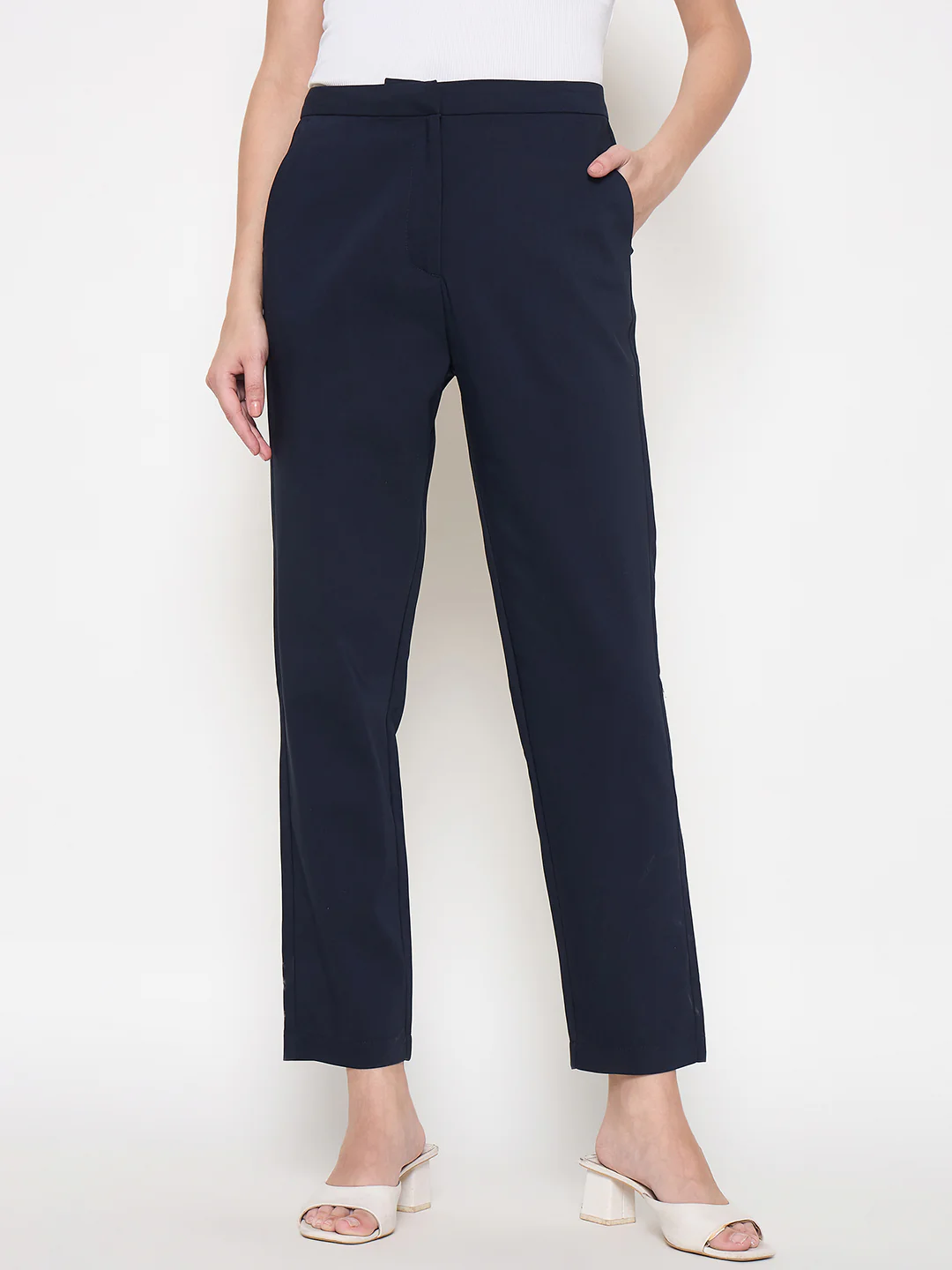 Madame Alex Waist Belt Detail Solid Navy Blue Trousers - Image 3