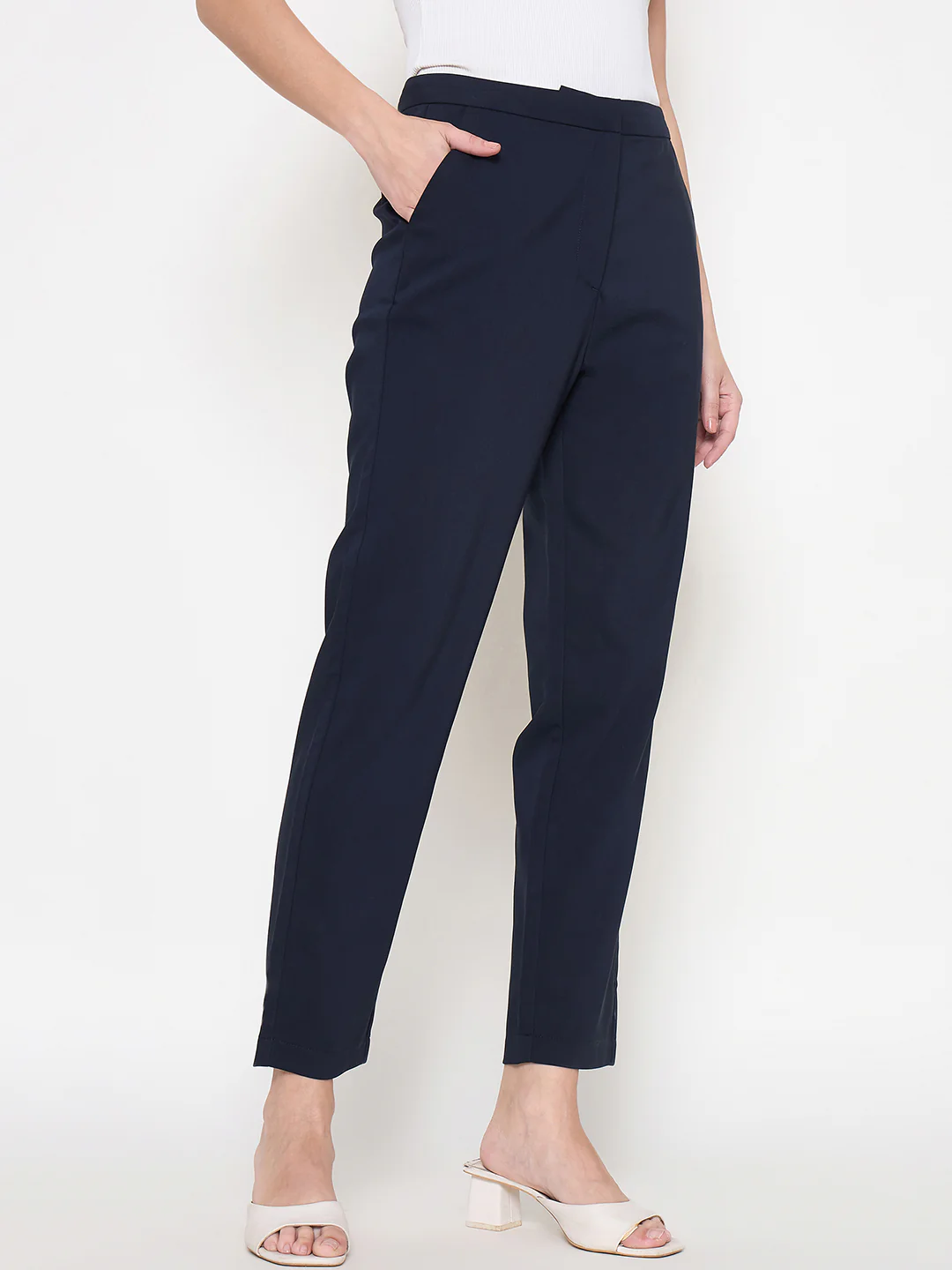 Madame Alex Waist Belt Detail Solid Navy Blue Trousers - Image 4