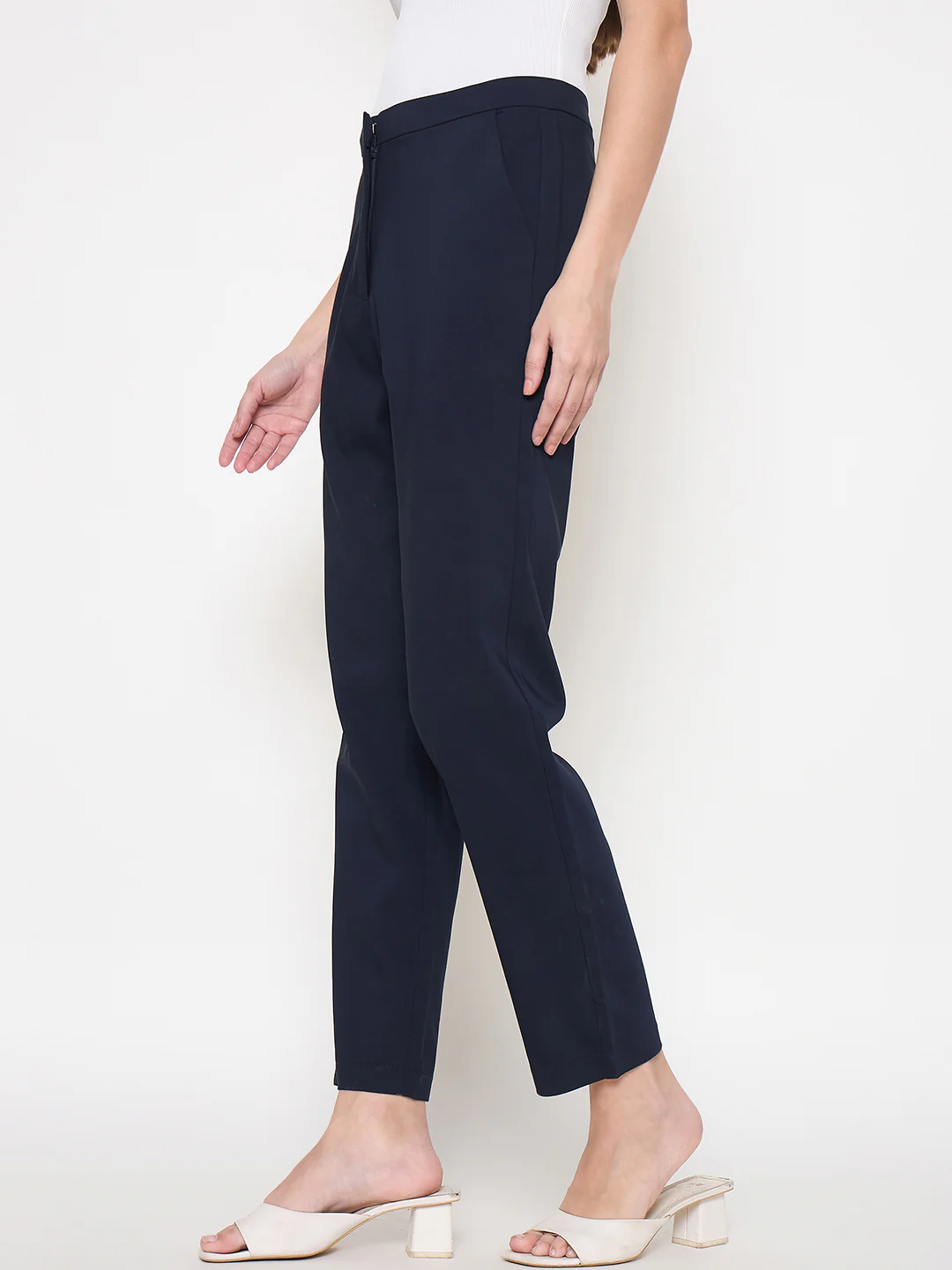 Madame Alex Waist Belt Detail Solid Navy Blue Trousers - Image 5