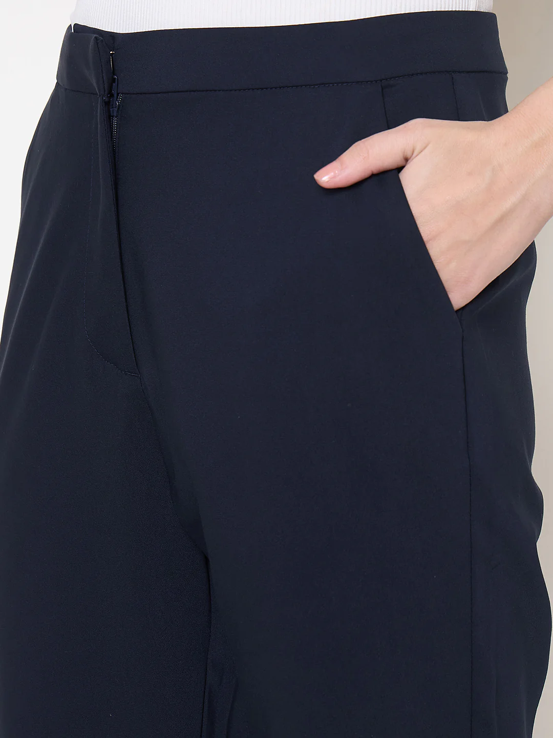 Madame Alex Waist Belt Detail Solid Navy Blue Trousers - Image 7