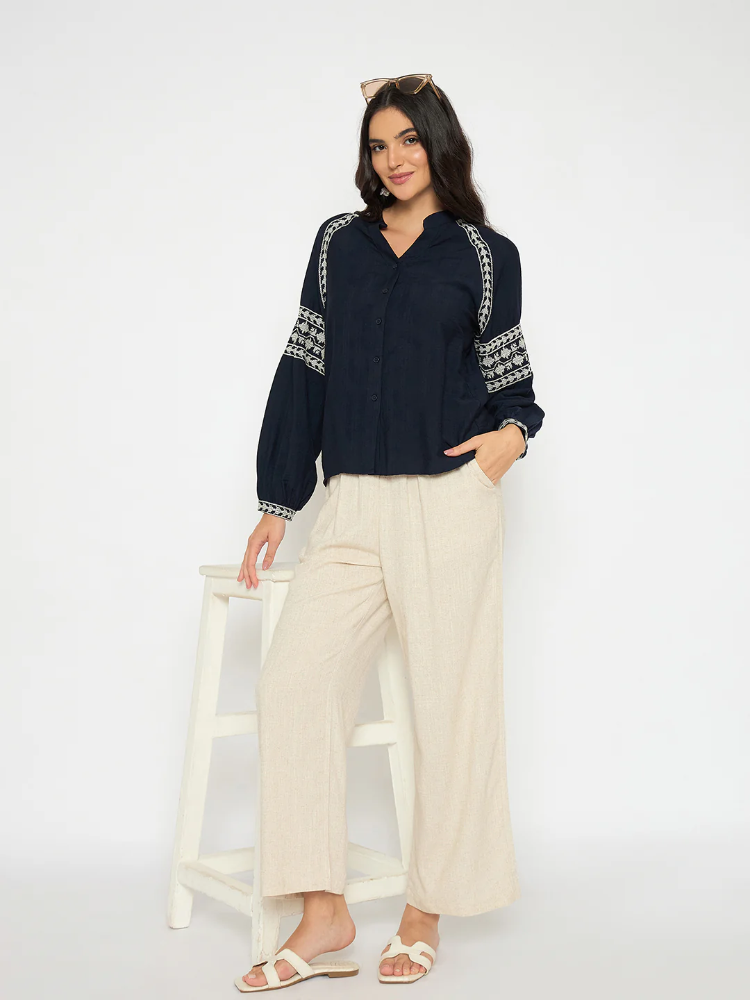 Madame Straight Fit Solid Beige Rayon Blend Trousers - Image 3