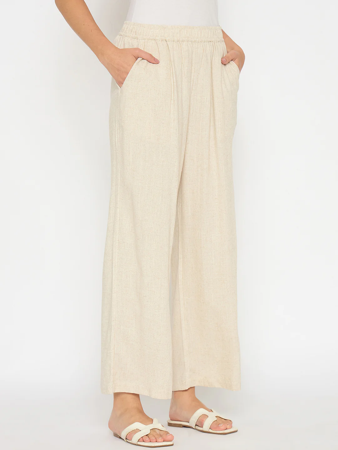Madame Straight Fit Solid Beige Rayon Blend Trousers - Image 4