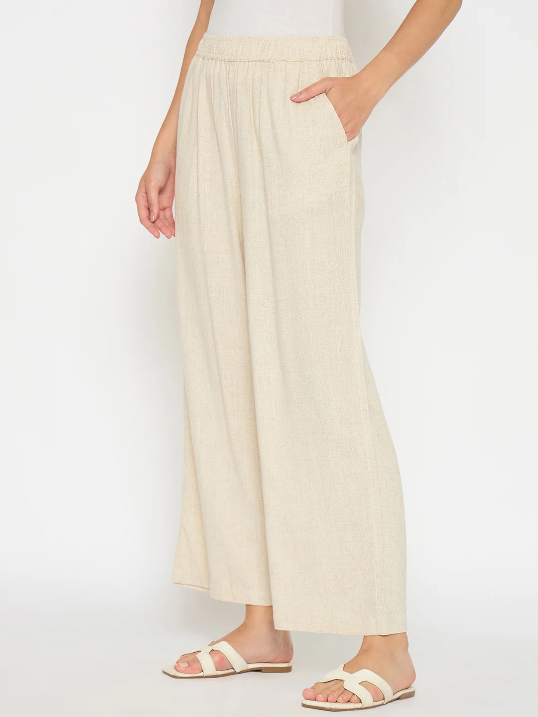 Madame Straight Fit Solid Beige Rayon Blend Trousers - Image 5