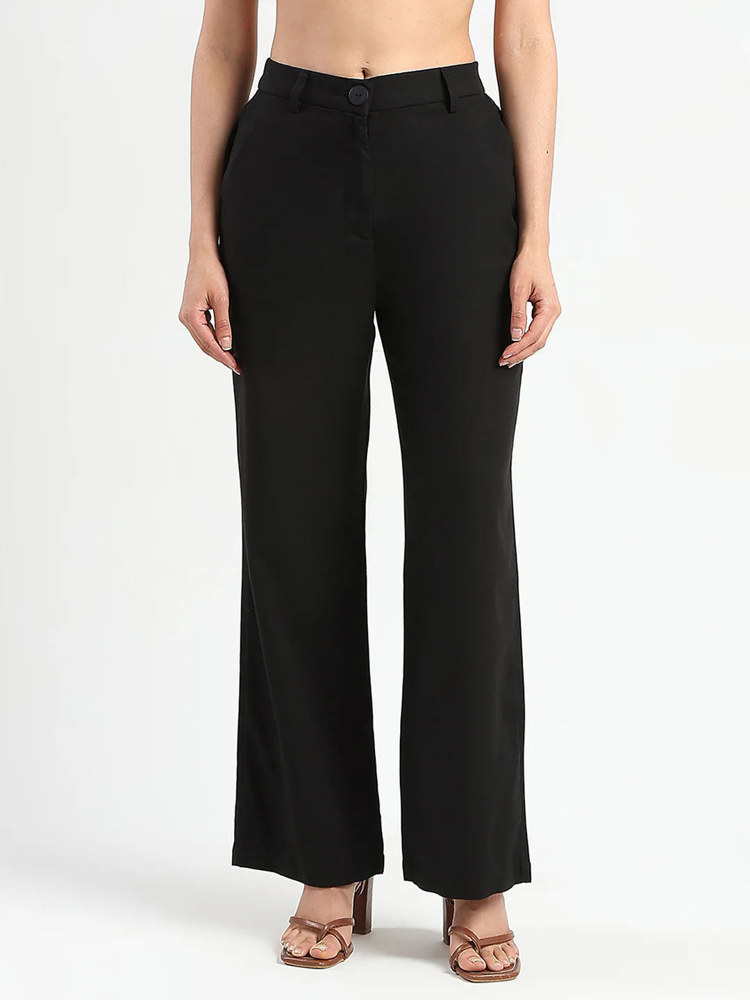 Madame Solid Black Wide Leg Rayon Blend Trousers