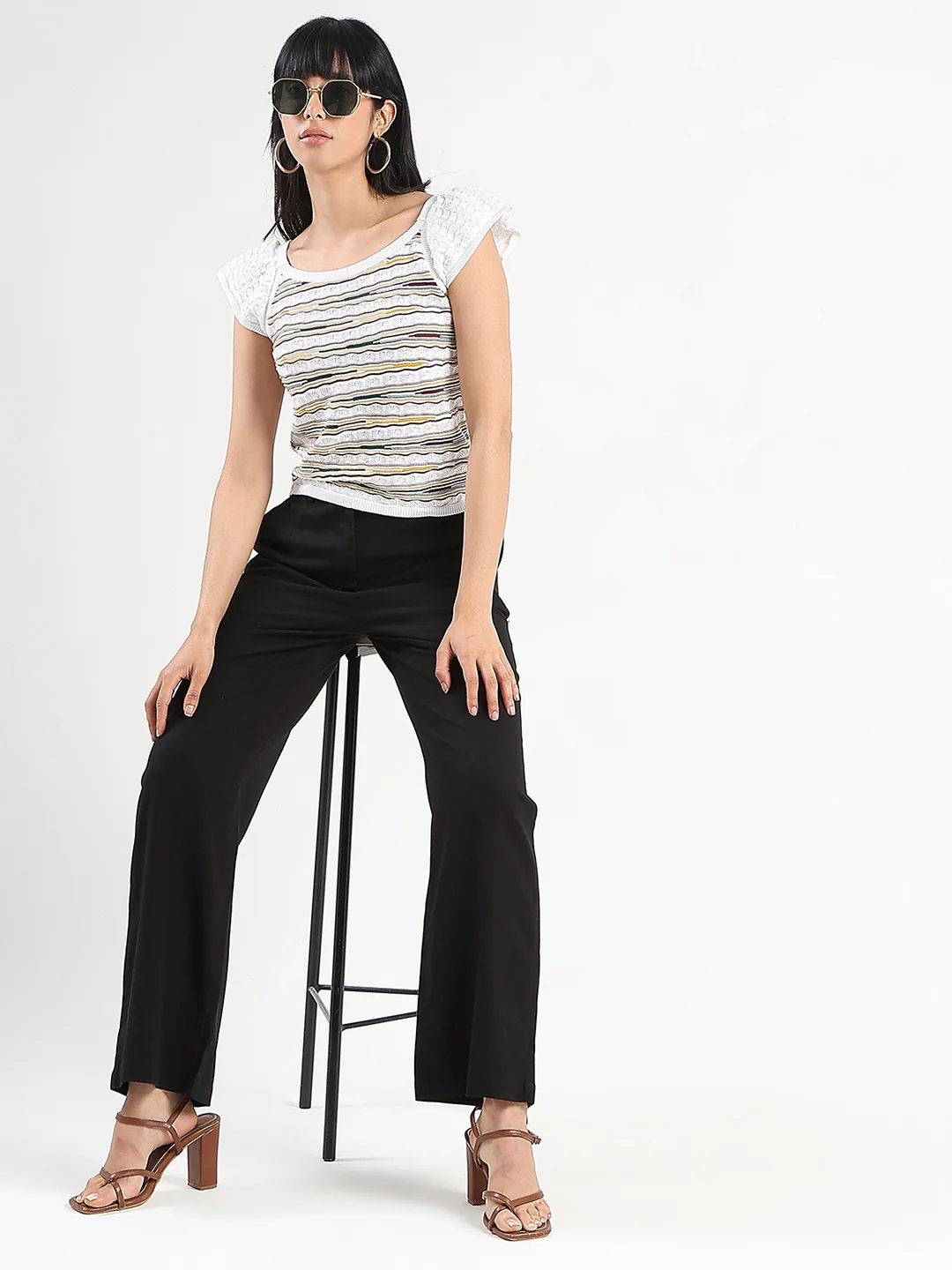 Madame Solid Black Wide Leg Rayon Blend Trousers - Image 2
