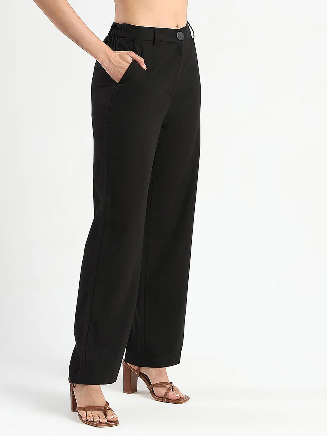 Madame Solid Black Wide Leg Rayon Blend Trousers - Image 3