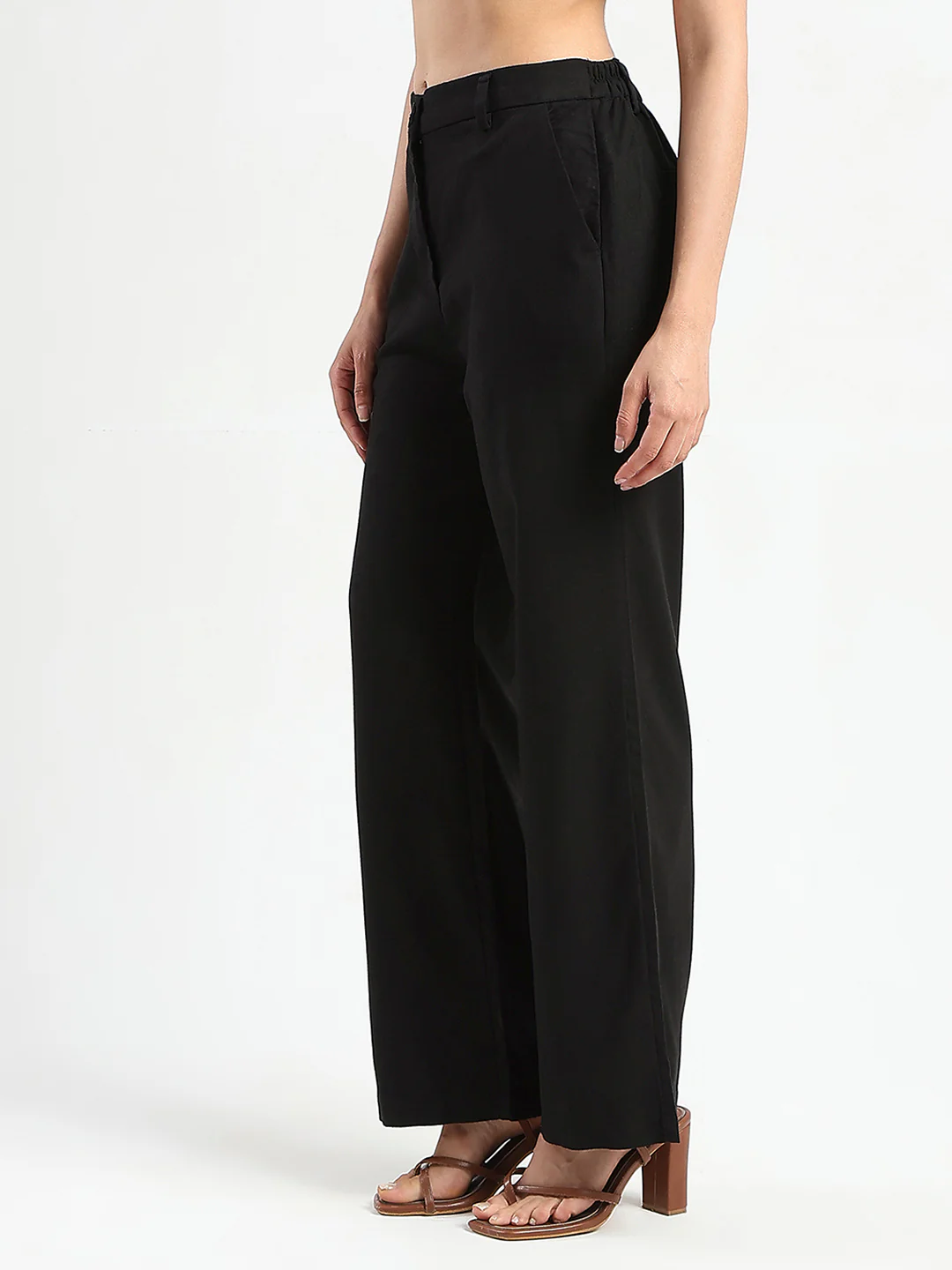 Madame Solid Black Wide Leg Rayon Blend Trousers - Image 4