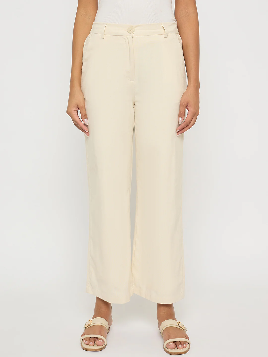Madame Solid Wide Leg Off White Rayon Blend Trousers