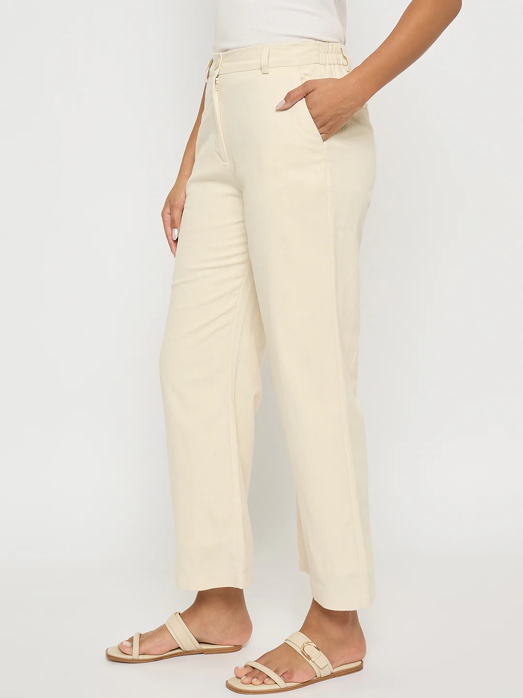 Madame Solid Wide Leg Off White Rayon Blend Trousers - Image 3