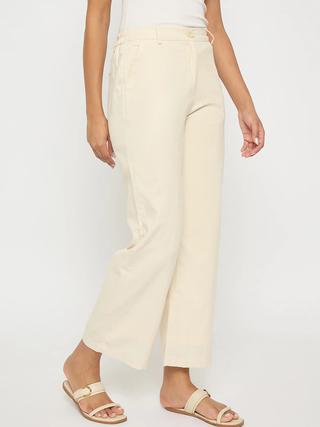 Madame Solid Wide Leg Off White Rayon Blend Trousers - Image 4