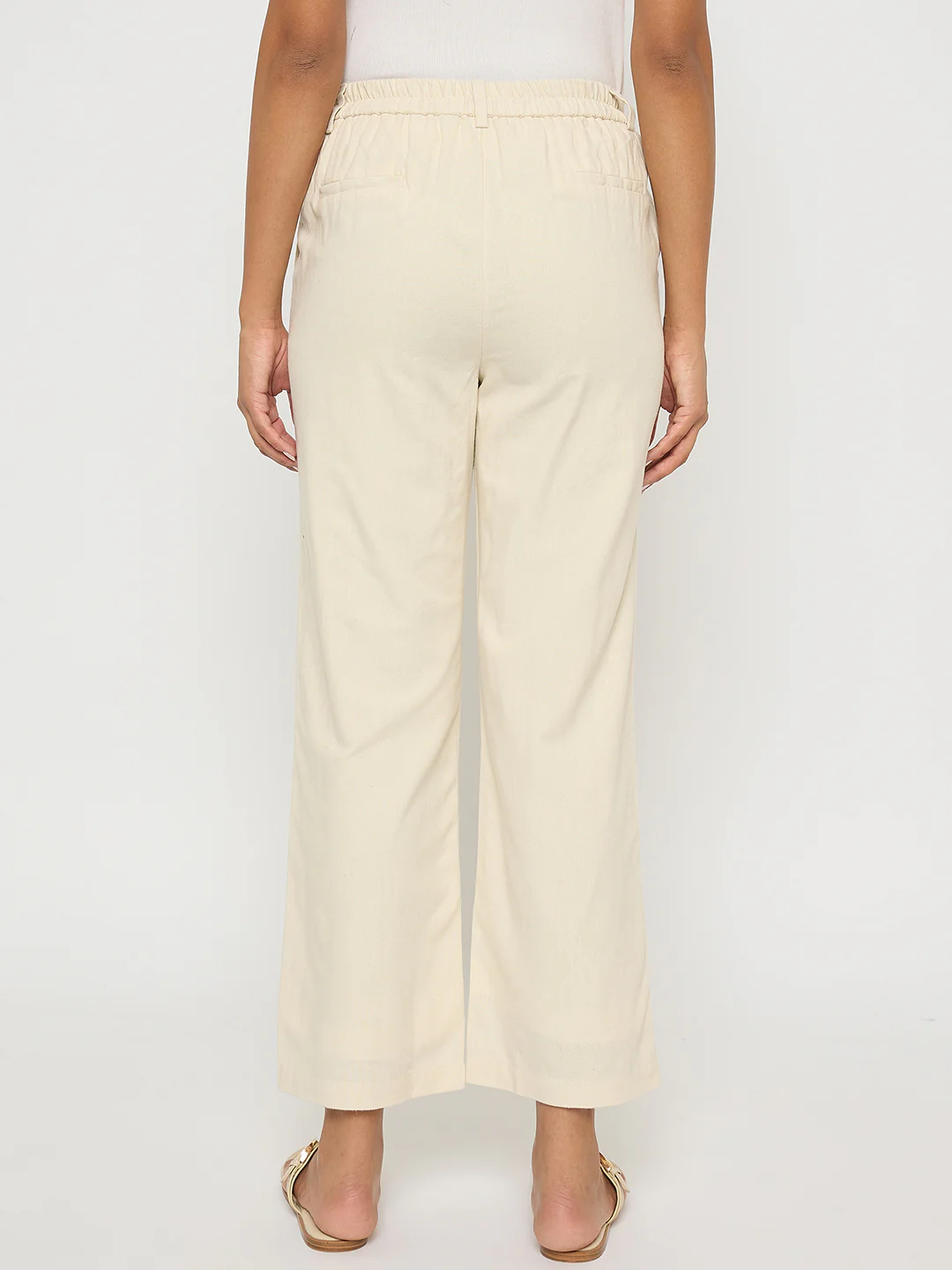 Madame Solid Wide Leg Off White Rayon Blend Trousers - Image 5