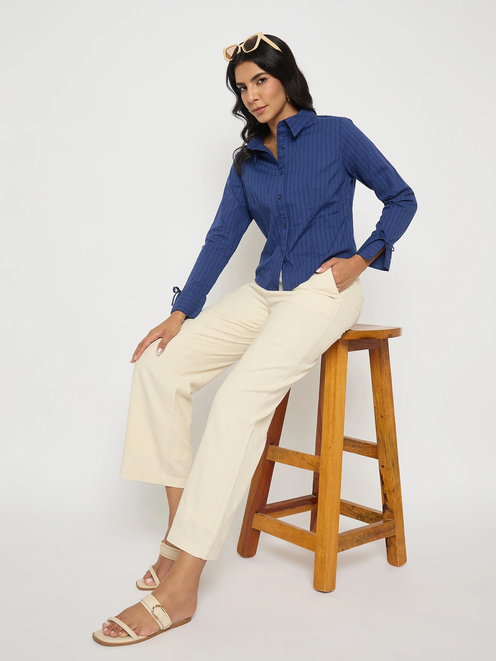 Madame Solid Wide Leg Off White Rayon Blend Trousers - Image 7