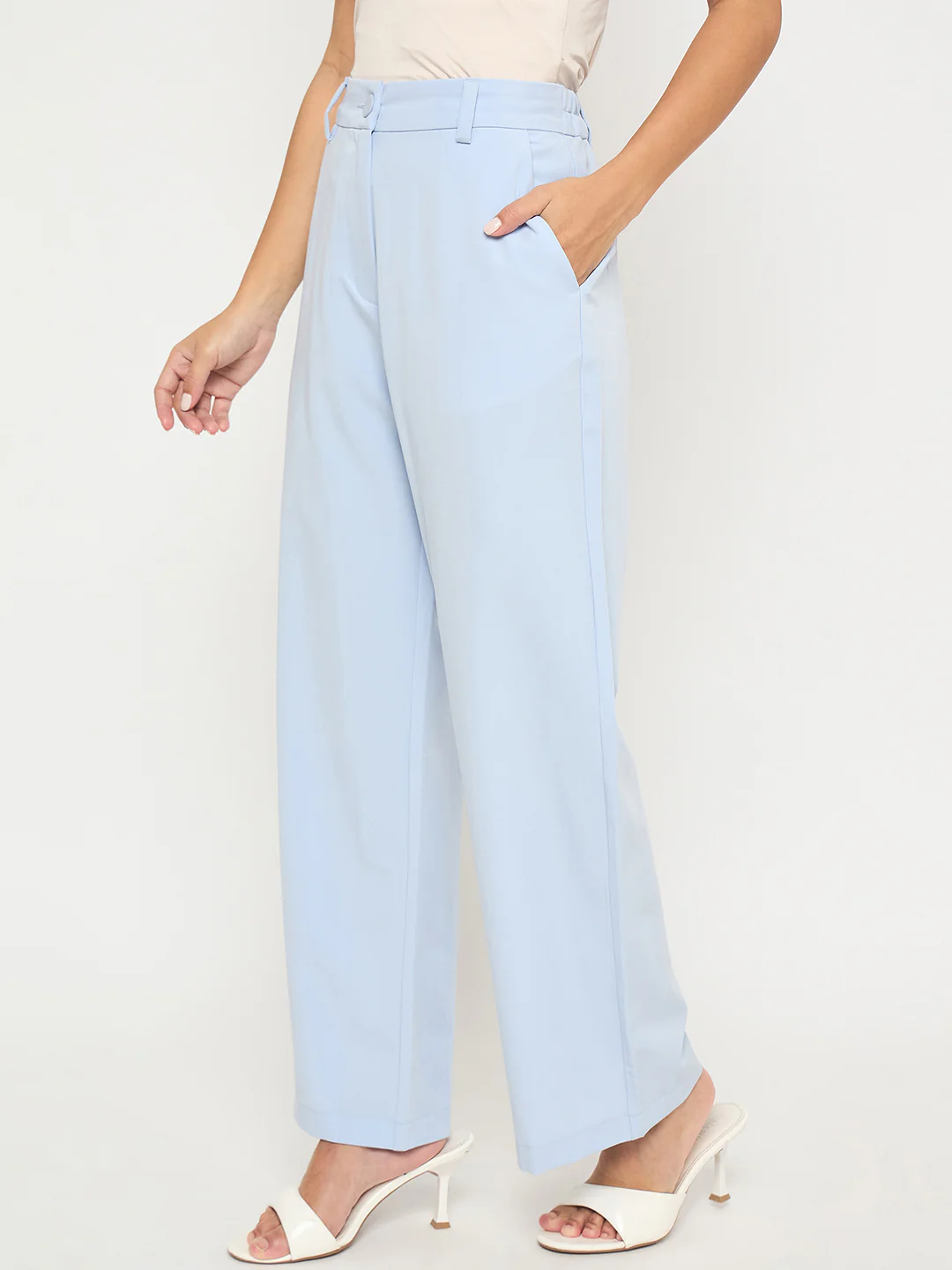 Madame Solid Sky Blue Straight Fit Trousers - Image 3