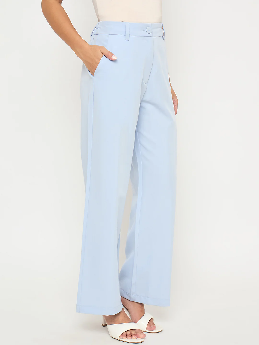 Madame Solid Sky Blue Straight Fit Trousers - Image 4