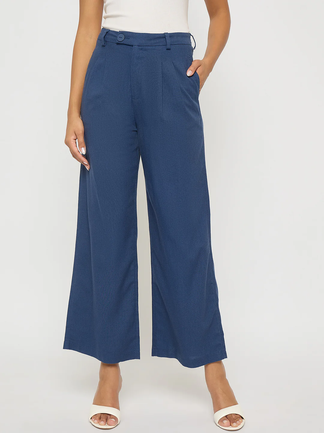 Madame Solid Navy Blue Rayon Blend Gurkha Trousers
