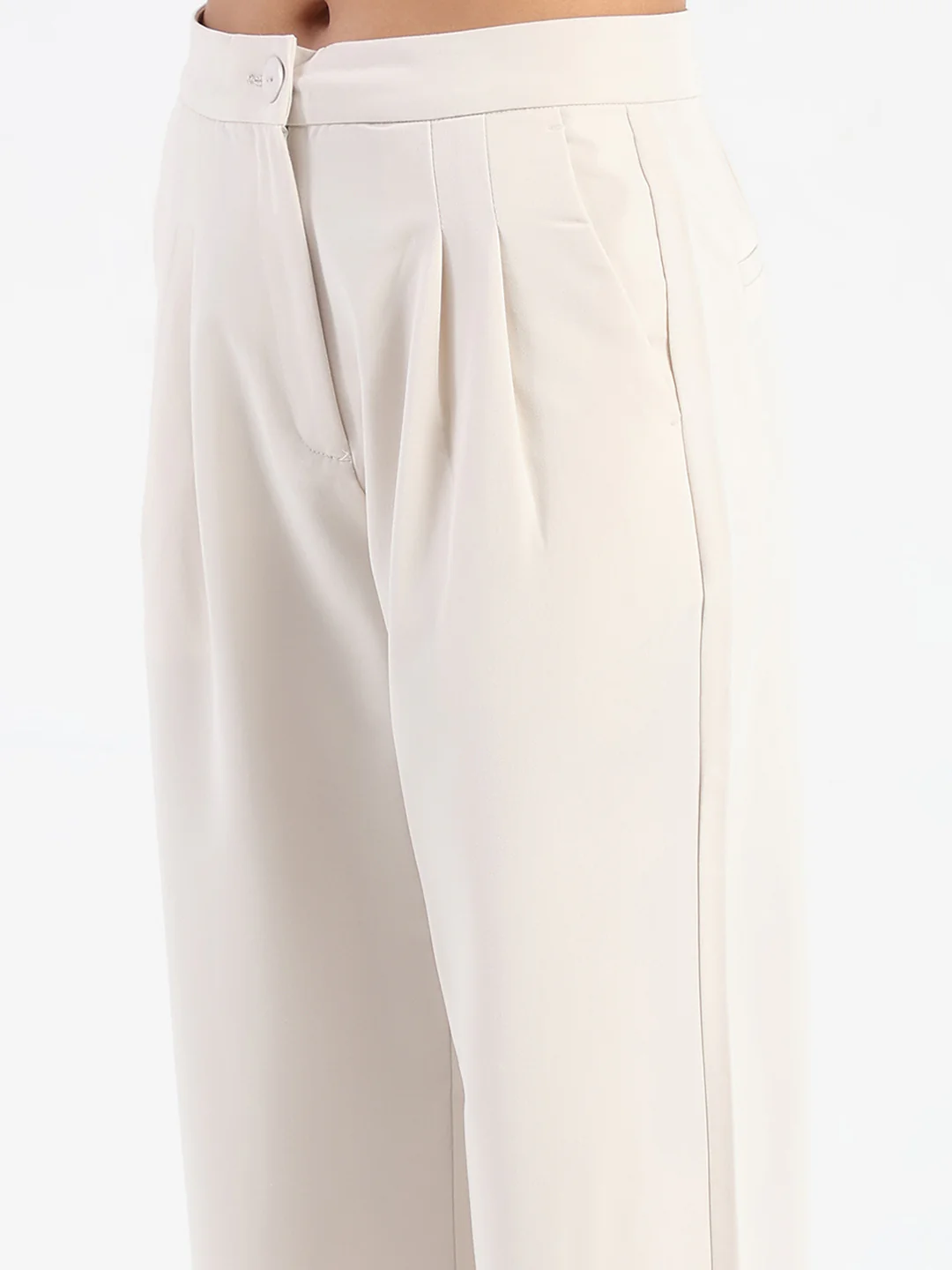 Madame Pleat Detailed Solid Beige Straight Trousers - Image 6