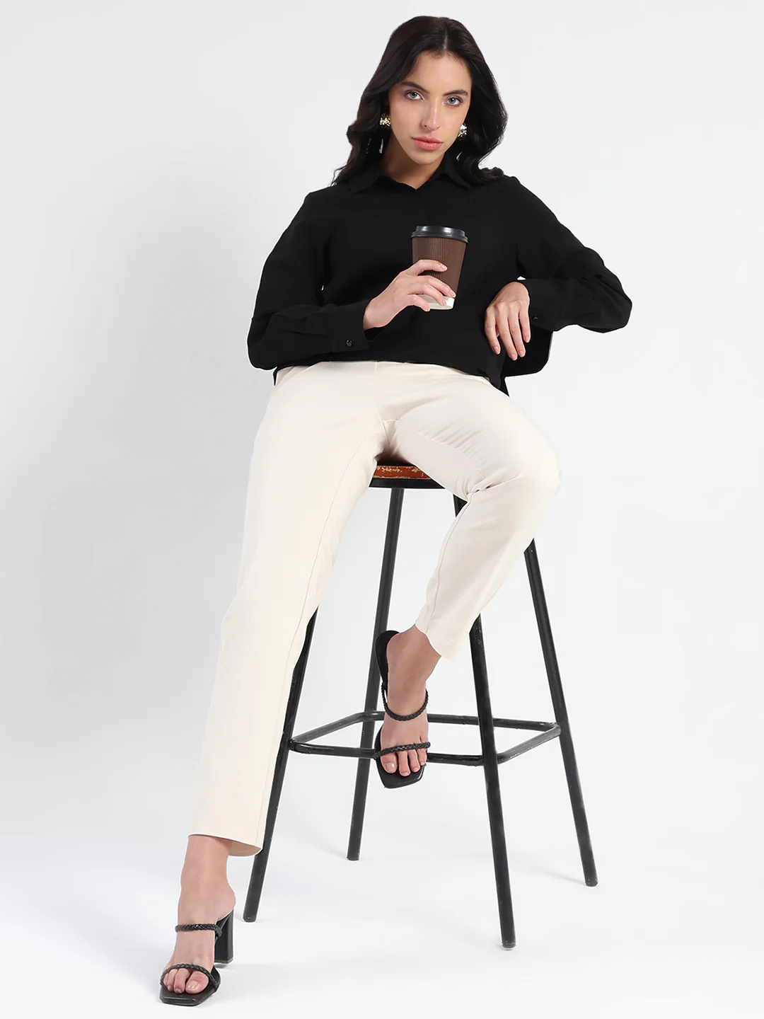 Madame High-Waist Cotton Blend Ivory Trousers - Image 2