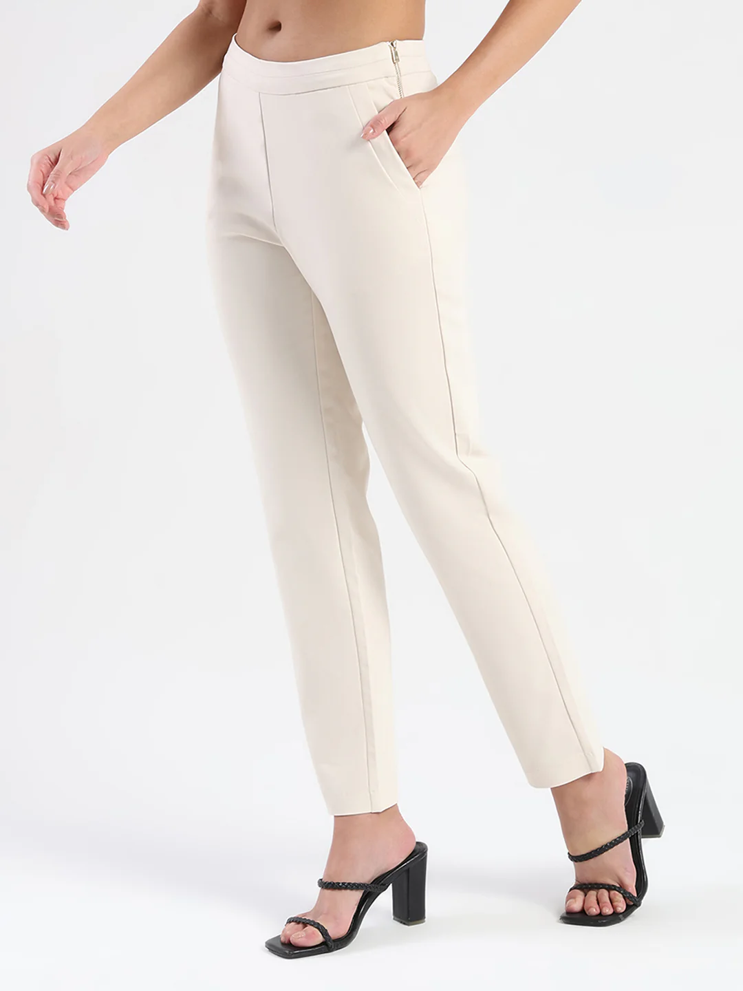 Madame High-Waist Cotton Blend Ivory Trousers - Image 4
