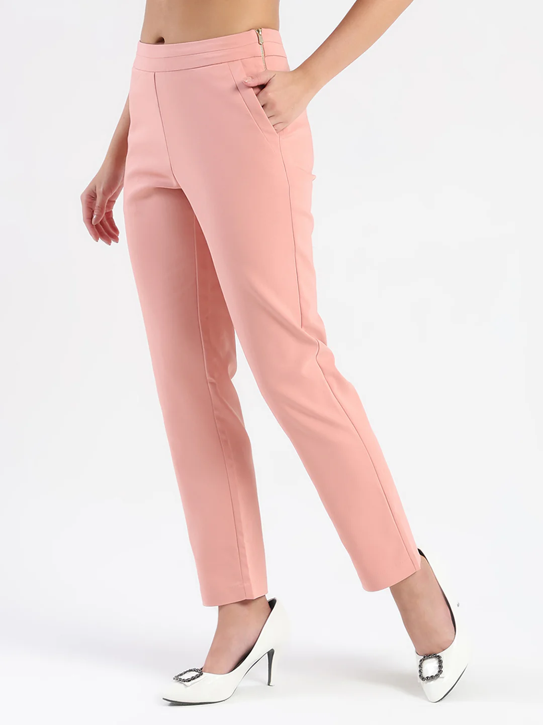 Madame High-Waist Cotton Blend Pink Trousers - Image 4