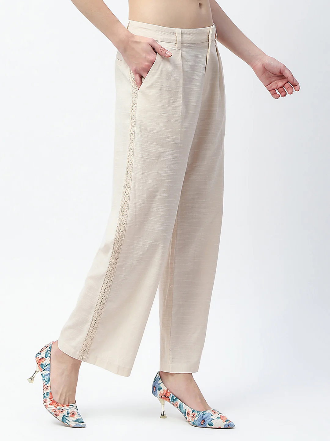 Madame Solid Ivory Straight Fit Trousers - Image 3