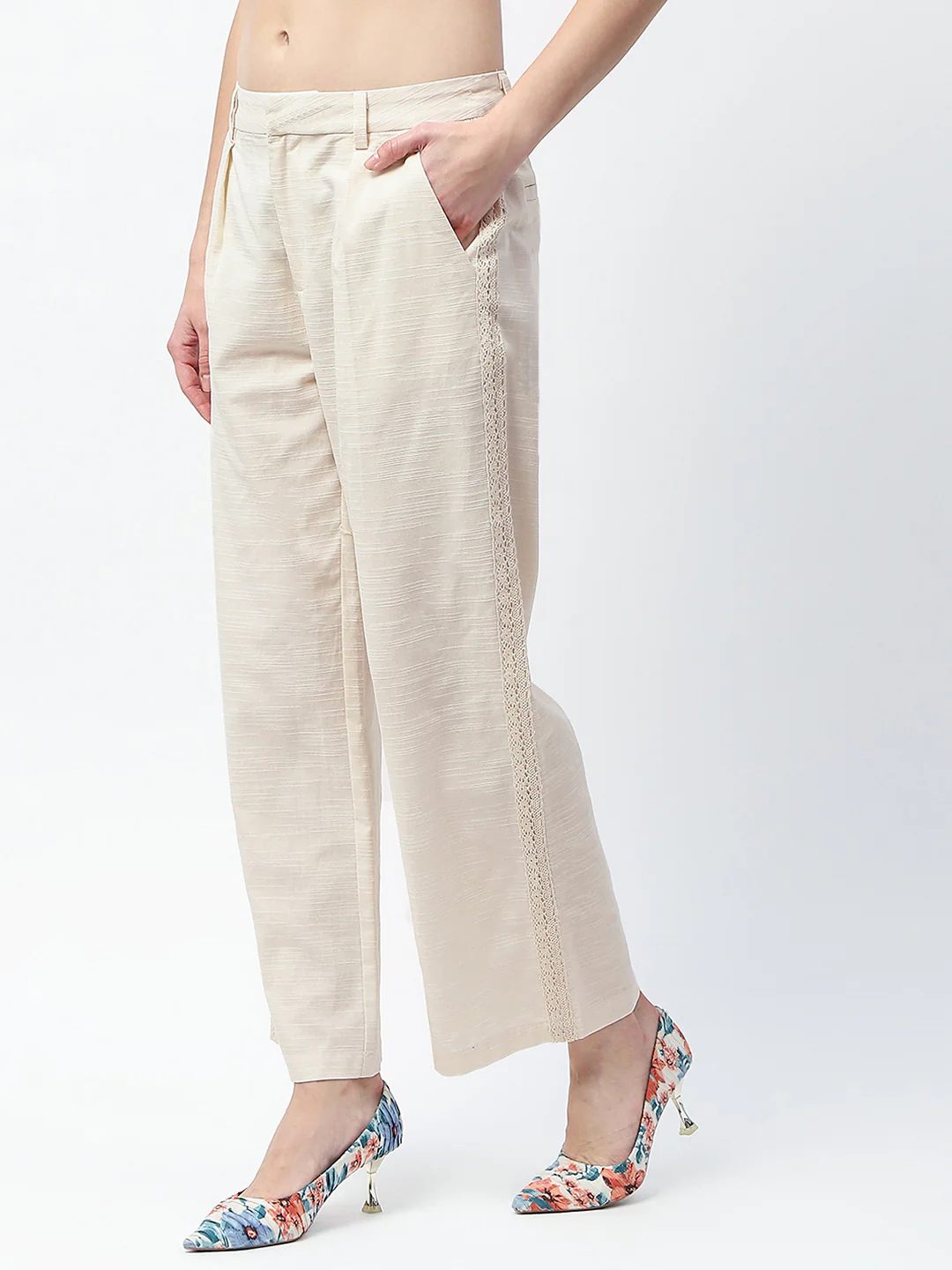 Madame Solid Ivory Straight Fit Trousers - Image 4