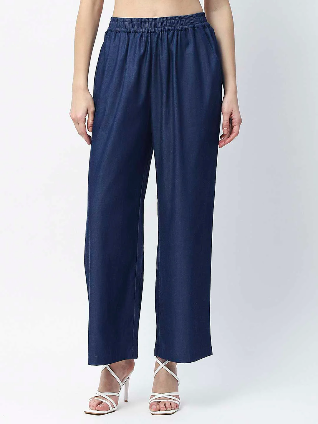 Madame Wide Leg Navy Blue Cotton Blend Trousers