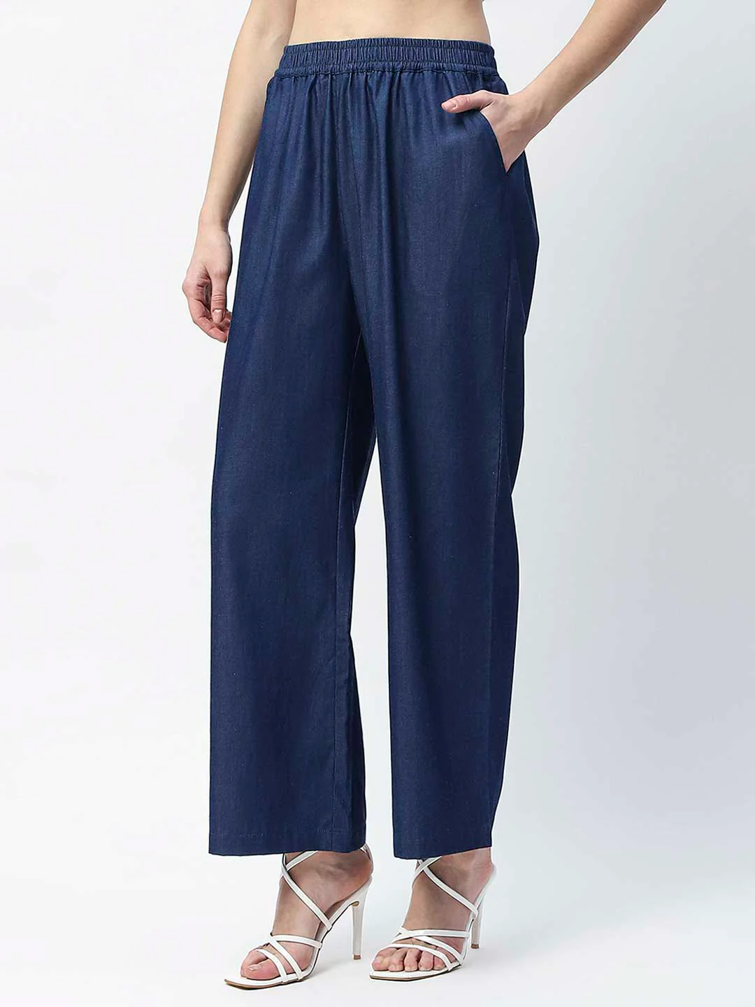 Madame Wide Leg Navy Blue Cotton Blend Trousers - Image 3