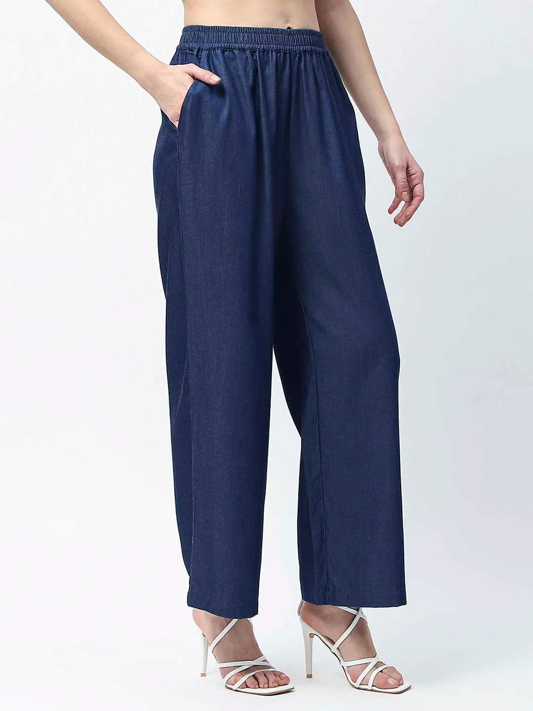 Madame Wide Leg Navy Blue Cotton Blend Trousers - Image 4