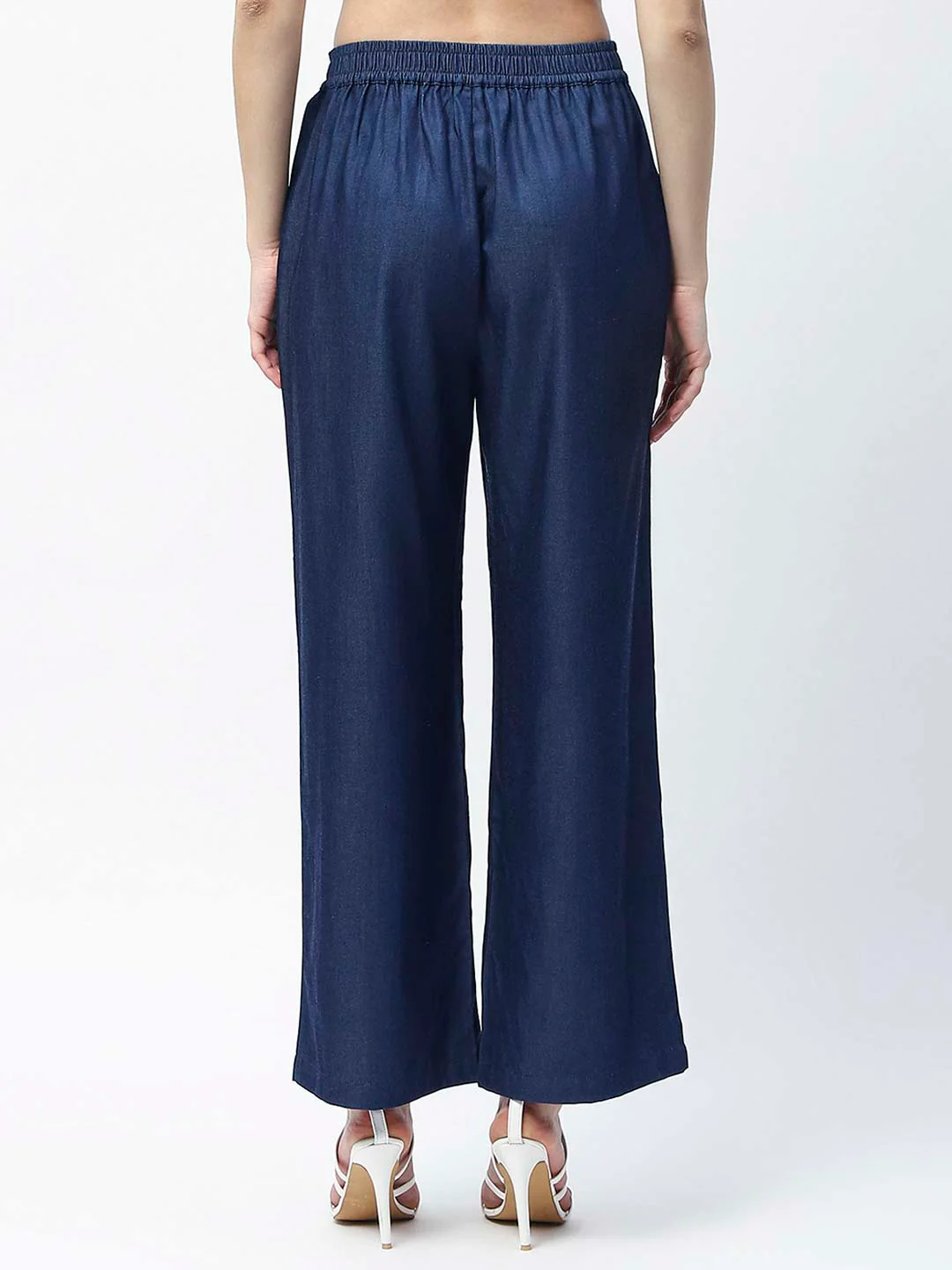 Madame Wide Leg Navy Blue Cotton Blend Trousers - Image 5