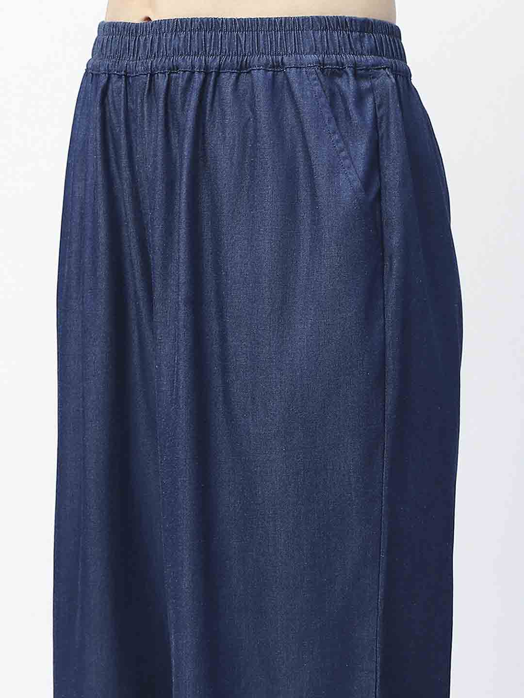 Madame Wide Leg Navy Blue Cotton Blend Trousers - Image 6