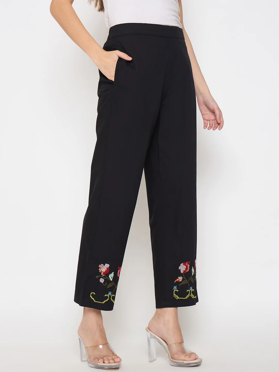 Madame Floral Embroidery Wide Leg Black Cotton Trousers - Image 4