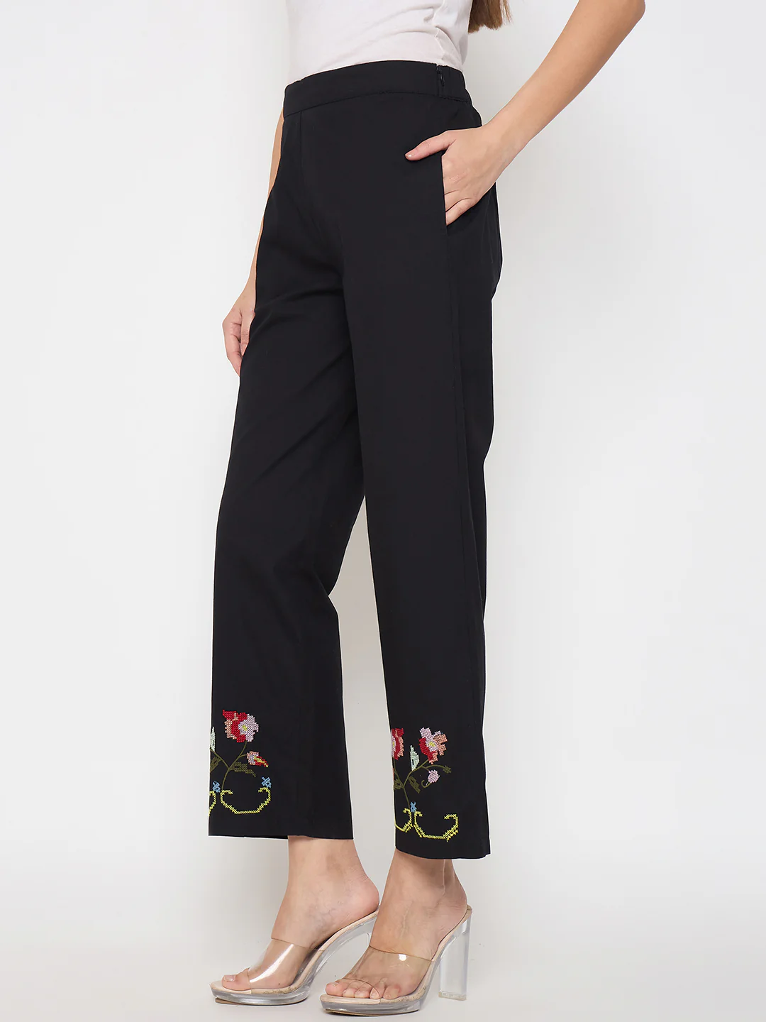 Madame Floral Embroidery Wide Leg Black Cotton Trousers - Image 5
