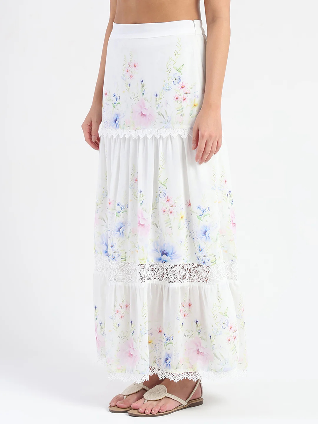 Madame Floral Print Tiered White Maxi Skirt - Image 4