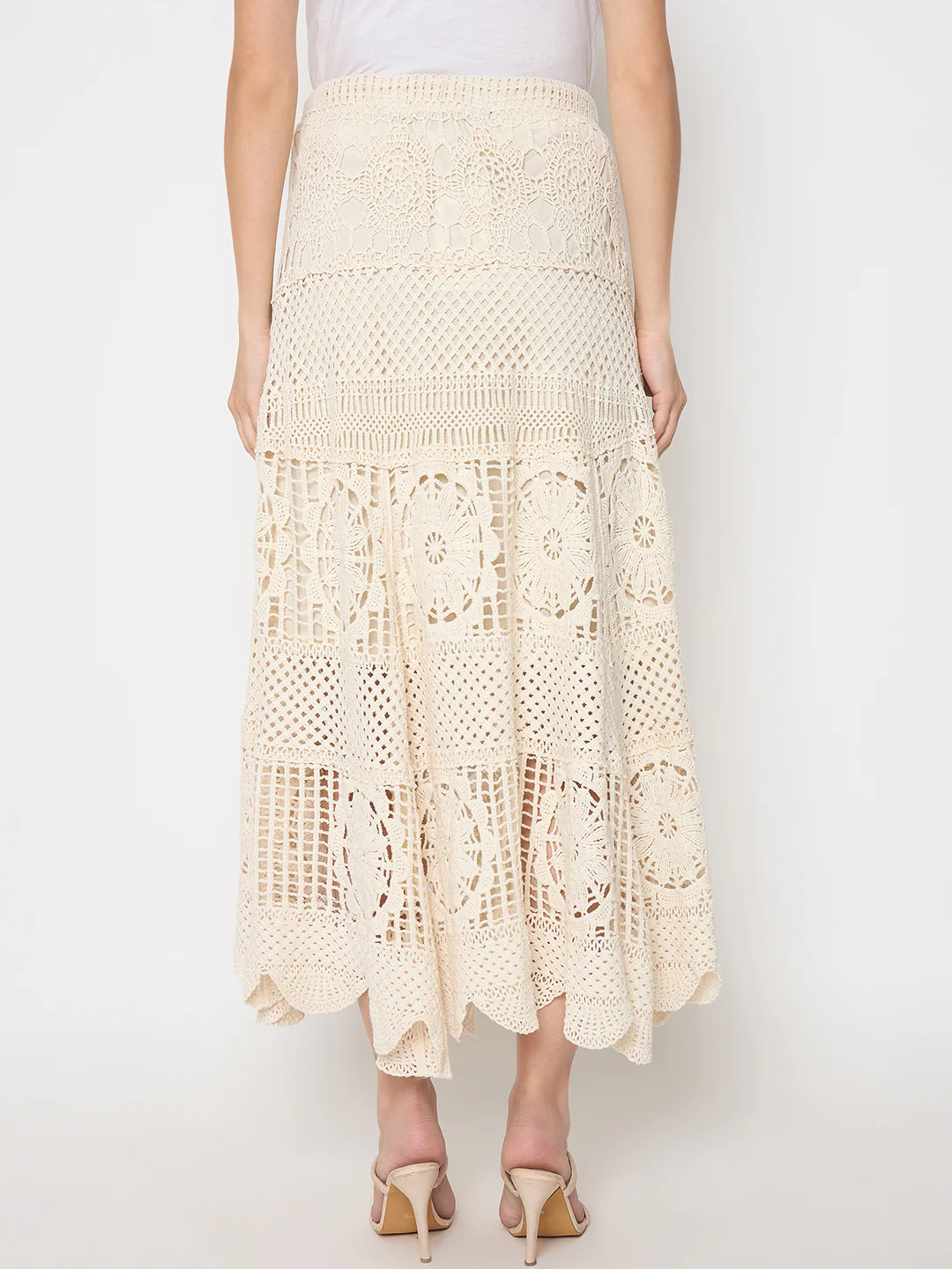 Madame Cotton Crochet Lace Tiered Beige Maxi Skirt