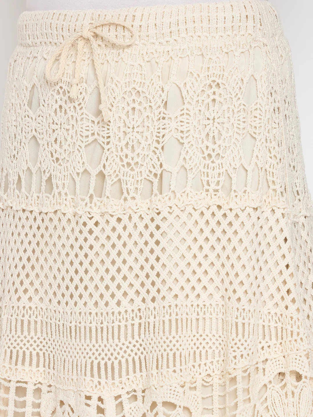 Madame Cotton Crochet Lace Tiered Beige Maxi Skirt - Image 2