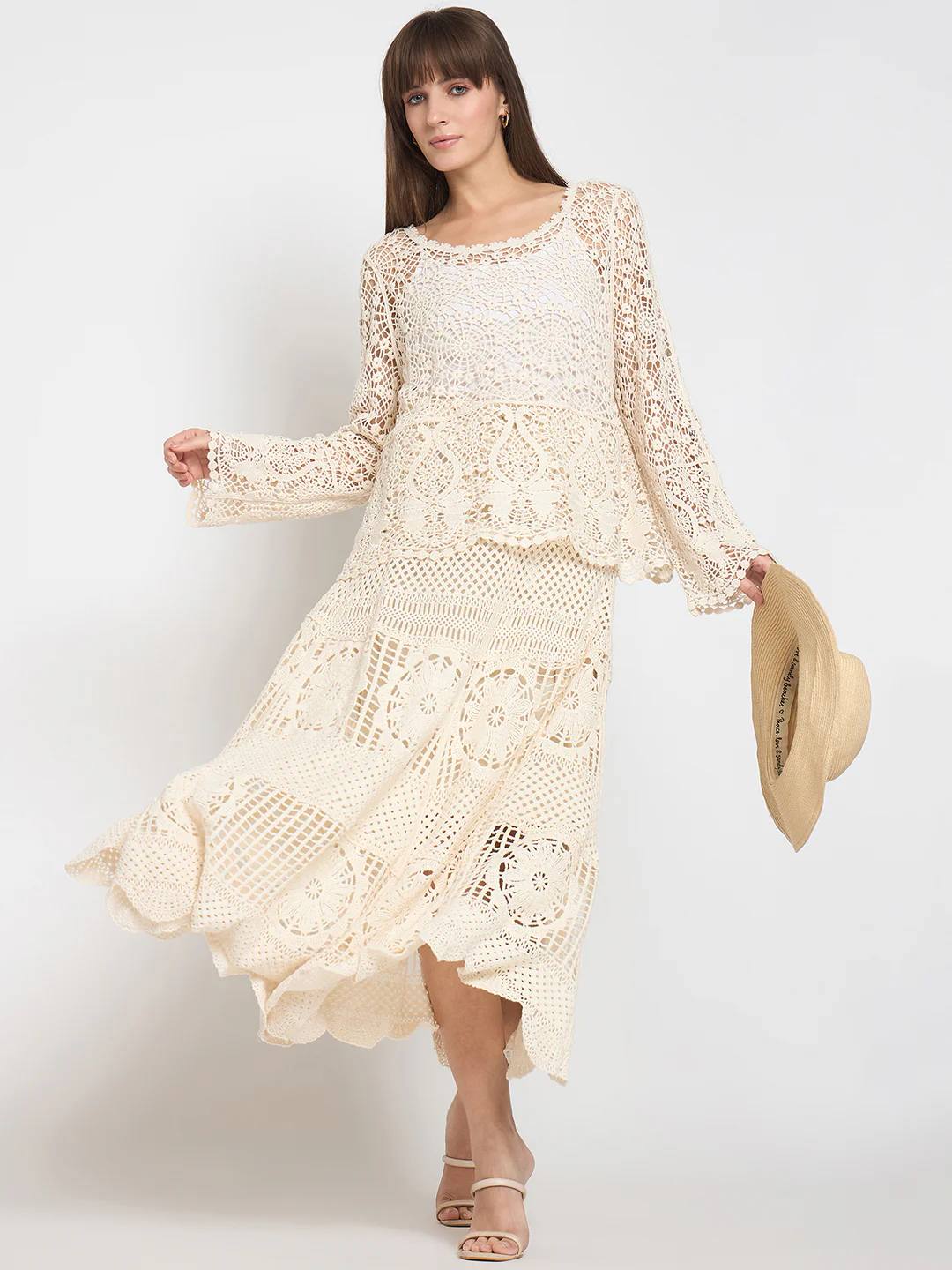 Madame Cotton Crochet Lace Tiered Beige Maxi Skirt - Image 6