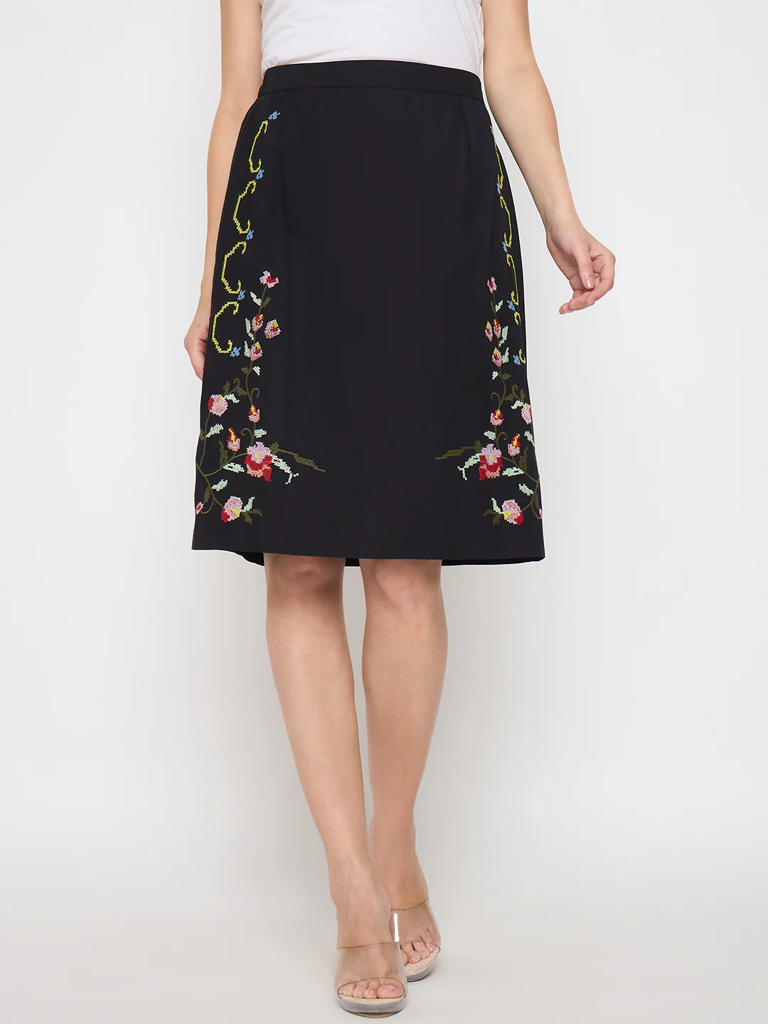 Madame Floral Embroidered Black Cotton Mini Skirt