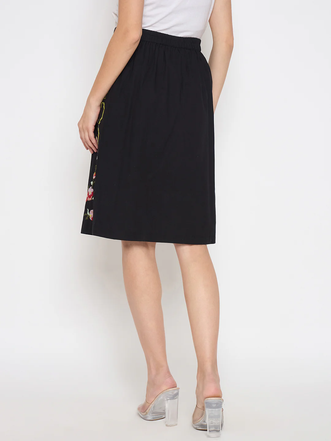 Madame Floral Embroidered Black Cotton Mini Skirt - Image 3