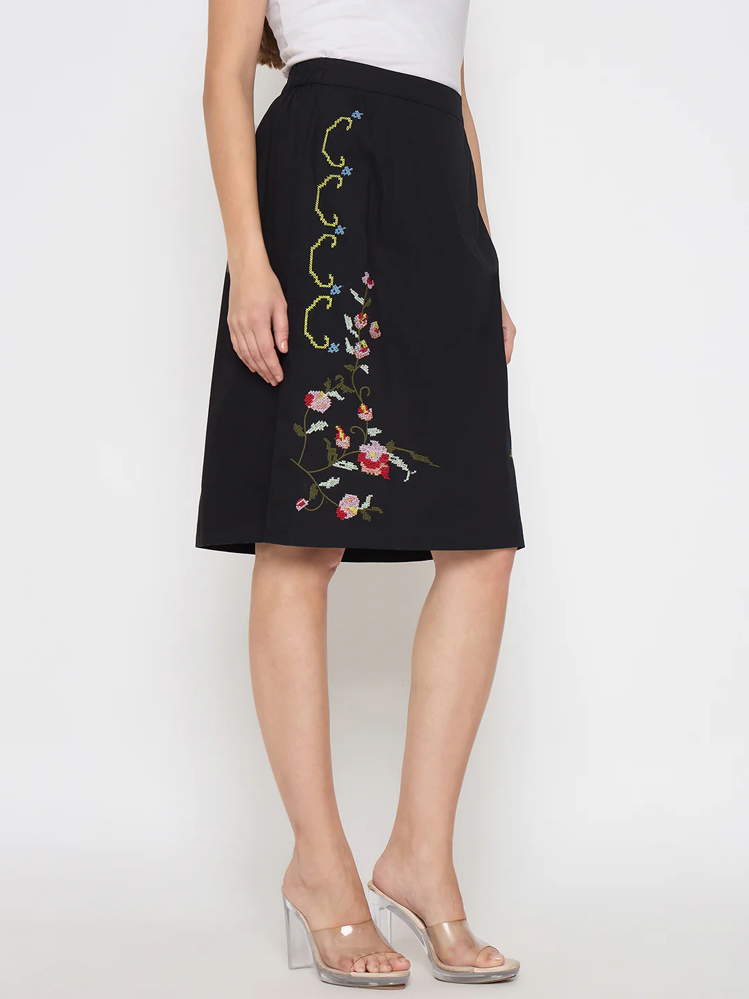 Madame Floral Embroidered Black Cotton Mini Skirt - Image 4