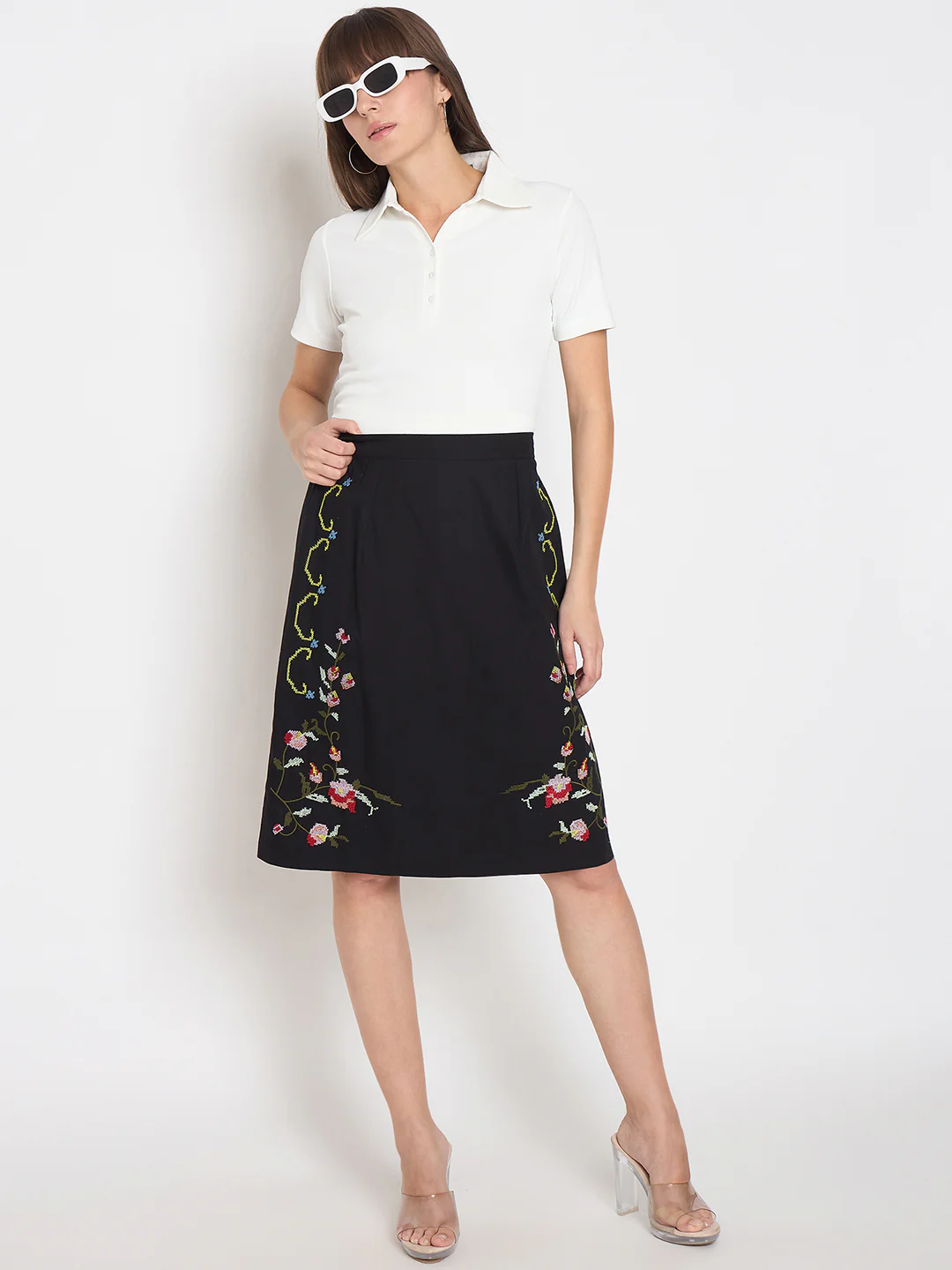 Madame Floral Embroidered Black Cotton Mini Skirt - Image 6