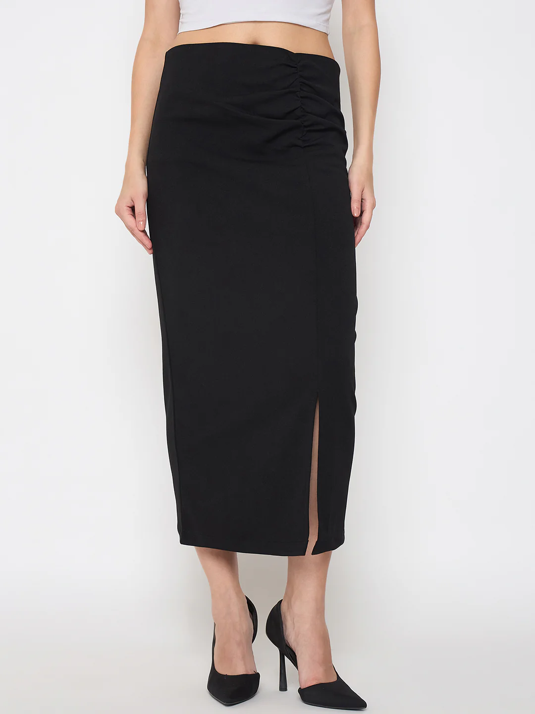 Madame Ruched Solid Black Pencil Skirt - Image 3