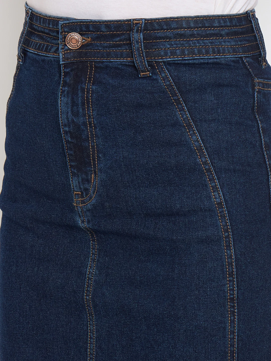 Madame Seam Detailed Dark Blue Denim Midi Skirt - Image 2