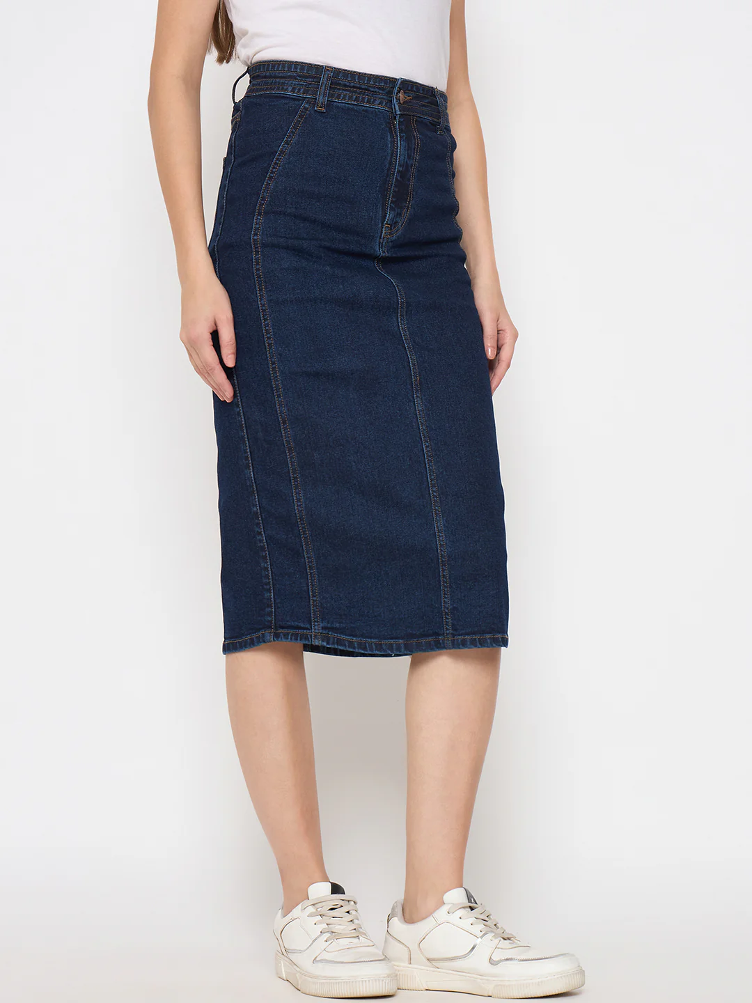 Madame Seam Detailed Dark Blue Denim Midi Skirt - Image 4