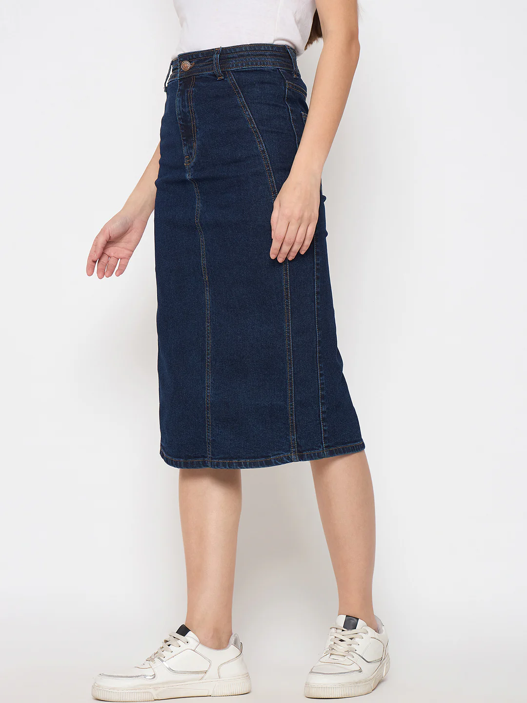 Madame Seam Detailed Dark Blue Denim Midi Skirt - Image 5